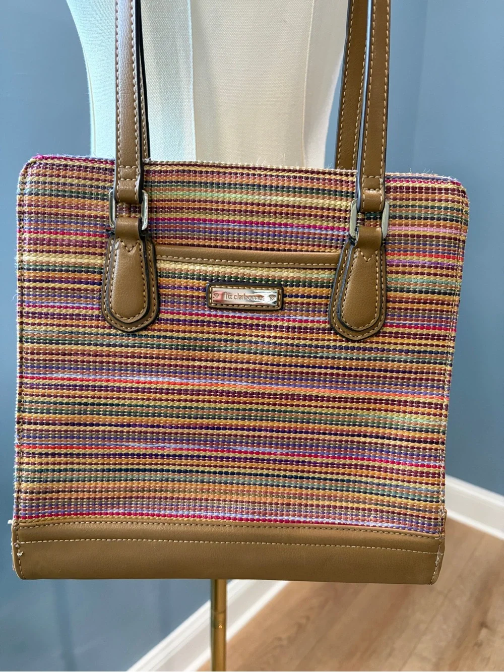 Vintage Liz Claiborne Multicolor Woven Stripe Tote Bag Shoulder Purse